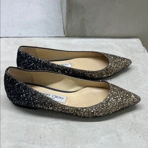 Jimmy Choo Black and Gold Glitter Flats